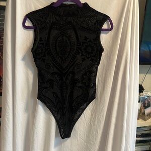 Sheer Black Velvet Floral Bodysuit – Size M (NWOT)